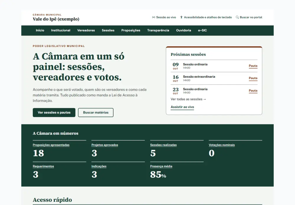 Portal público de uma câmara municipal de exemplo, com próximas sessões, pautas e números da Casa.
