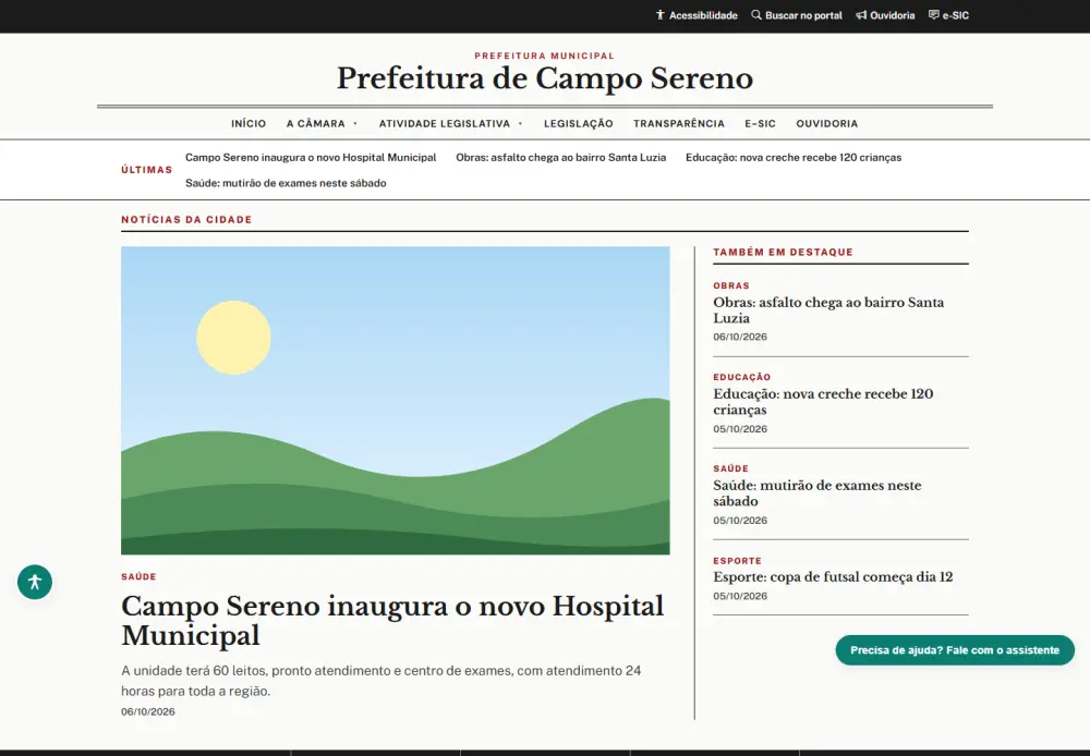 Portal público de uma prefeitura de exemplo, com notícias da cidade, atalhos de serviços e acesso à transparência.